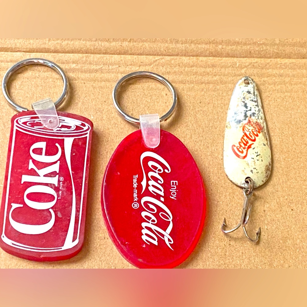 2 Vintage Coca Cola Red Keychain Set and Coca cola fishing lure